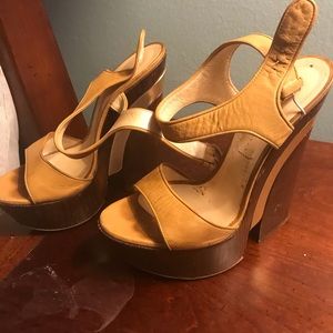 Sky high nude wedges